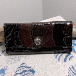 Brighton Croc Embossed Leather Wallet Shiny Brown & Black Multi Compartment
